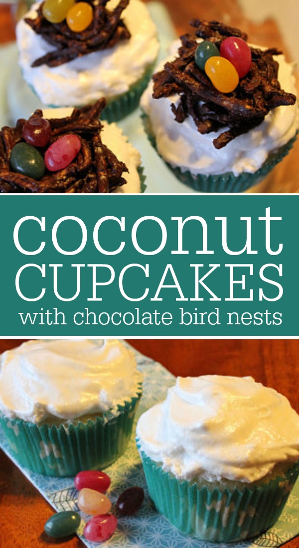 Coconut Cupcakes with Chocolate Bird Nests -- A fantastic treat for kids to make as a springtime craft!