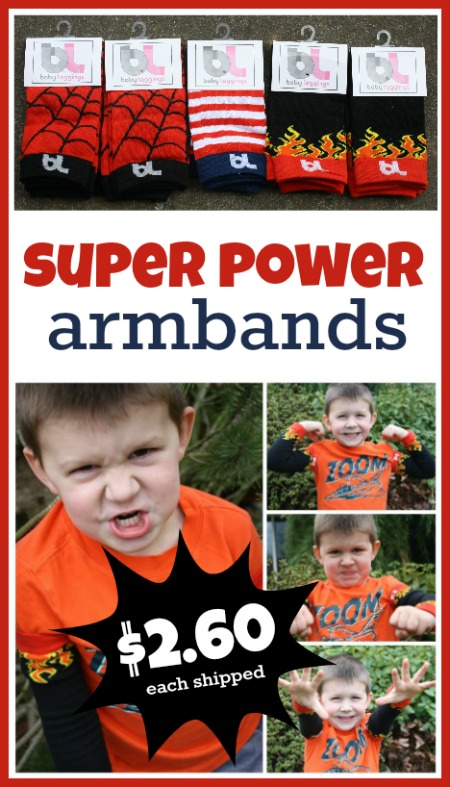 Super Power Armbands -- These are actually baby leggings! There are several styles that work perfectly as super power-giving armbands for older kids. Each set is under $3 shipped!