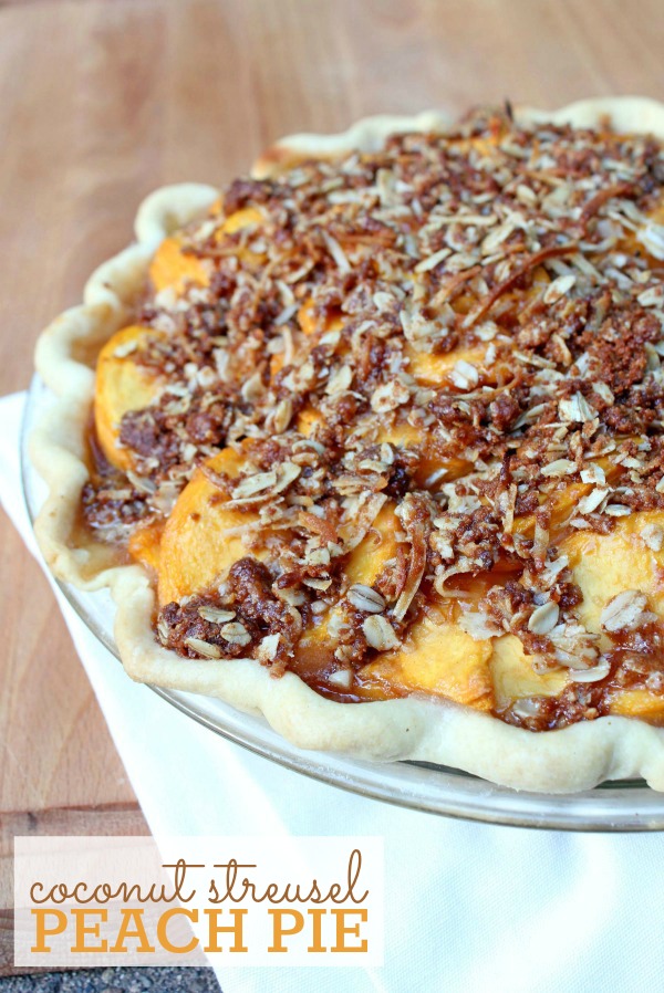 Coconut Streusel Peach Pie -- A single layer crust, low-sugar recipe! Perfect way to enjoy your peach harvest!