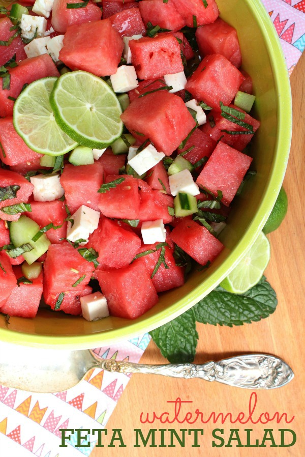Watermelon Feta Mint Salad recipe -- These simple ingredients come together in just minutes. This salad is perfect as a side dish for your next BBQ, picnic, or potluck!