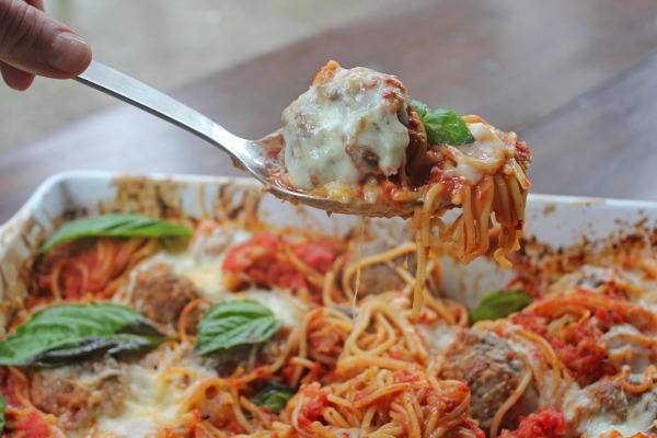 One dish baked spaghetti and meatballs recipe