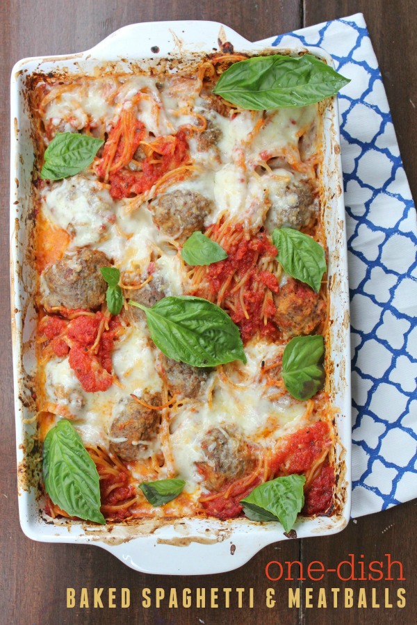 One dish baked spaghetti and meatballs