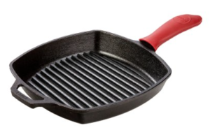 Lodge 10.5%22 Pre-Seasoned Cast Iron Square Grill Pan with Red Silicone Hot Handle Holder